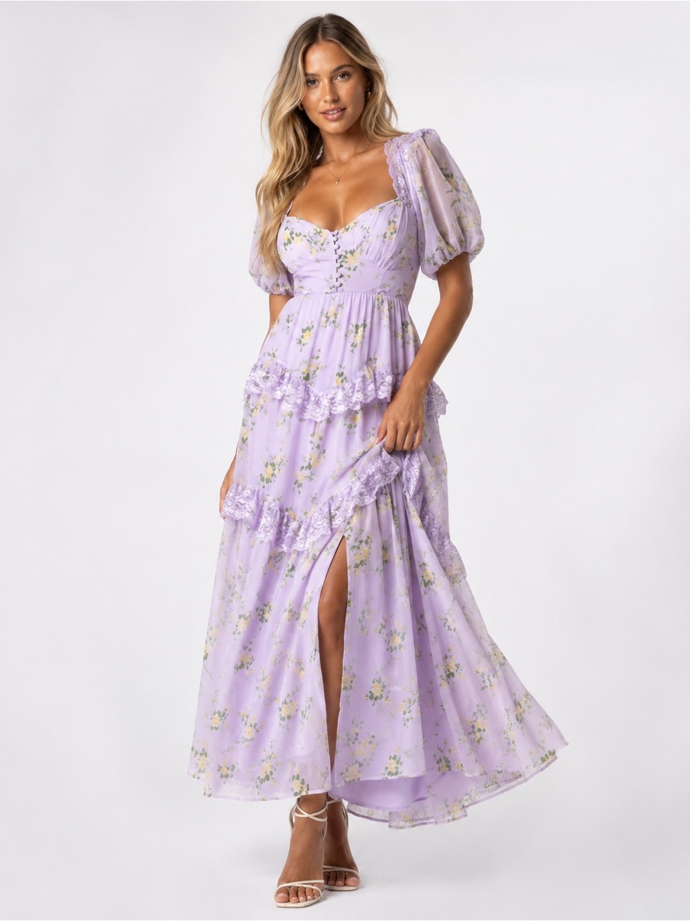 ASOS DESIGN Open Back Lace Insert Midi Tea Dress in Lilac Ditsy Floral US 6 - Picture 2 of 13